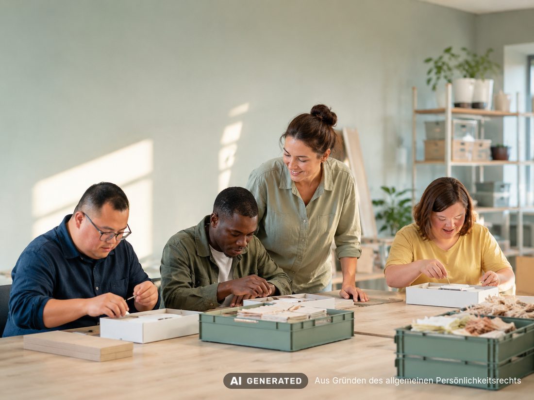 Menschen arbeiten gemeinsam in einer hellen sozialen Einrichtung an praktischen Aufgaben