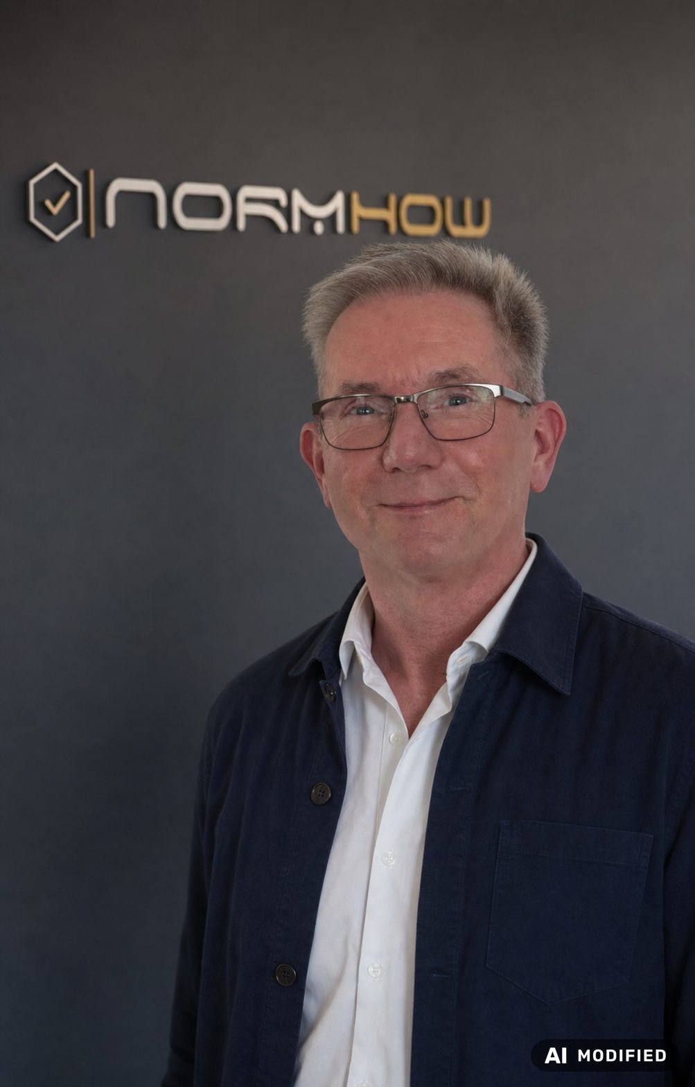 Torsten Bührle vor einer Wand mit NormHow-Logo